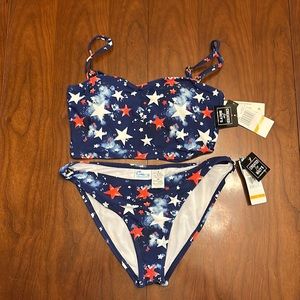 NWT 2 piece California Waves bikini red white stars on a blue background size s